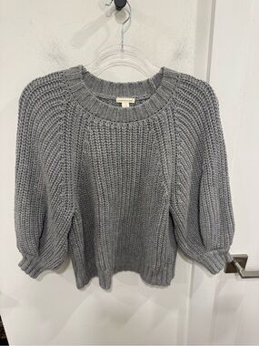 Women's Grey Ribbed Crewneck Balloon Sleeve Sweater